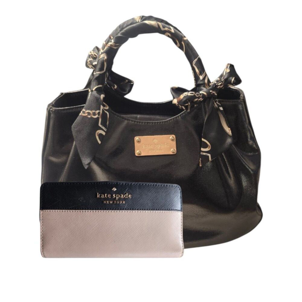 Kate Spade New York Black Satchel Bag & Wallet Twilly Handle Wraps Gold Hardware